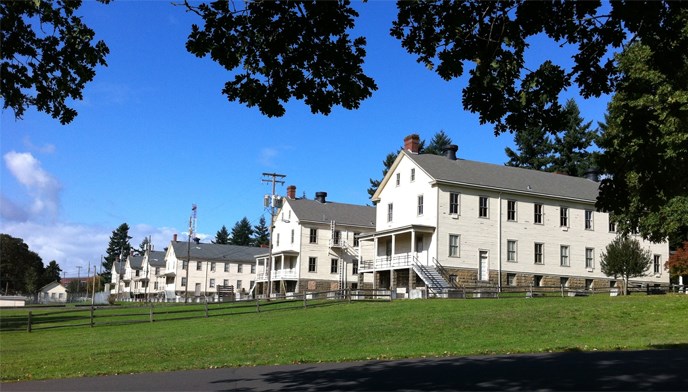 Contemporary image of the exterior of barracks buildings in East Vancouver Barracks