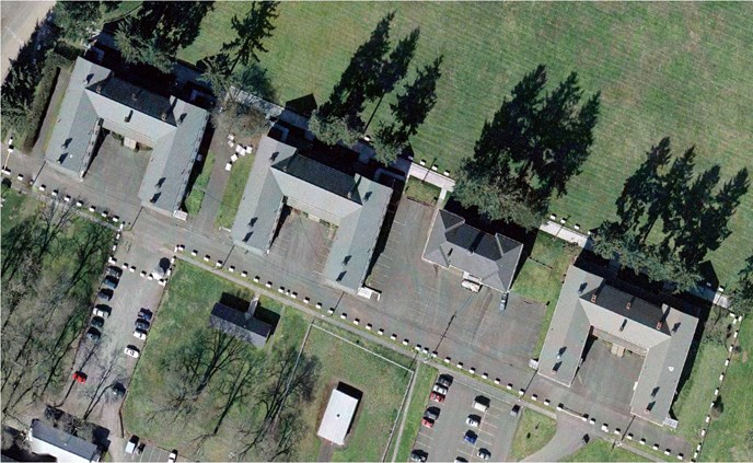 Aerial photograph of Barracks Row, with Barracks Building 987 at the left.