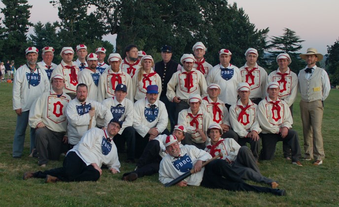 Team photo of costumed participants portraying members of the Pioneer and Occidental Base Ball Clubs.