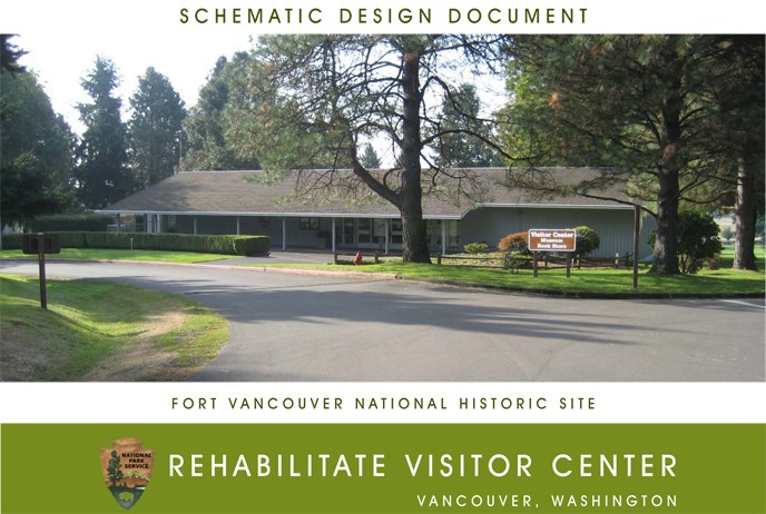 Cover of Schematic Design Document with photo of visitor center, view from the north.