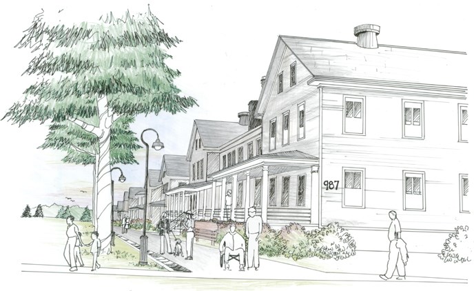 An artist's representation of Barracks Row from the west, looking east, with building 987 in the foreground.