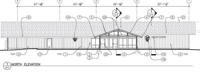 black and white drawing of the southern profile of the visitor center as envisioned in the schematic design document.