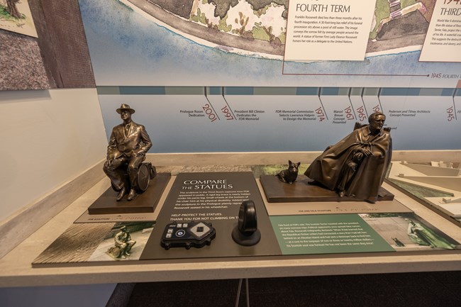 Two miniature version of the statues seen along the memorial are placed on a table for visitors to touch. Braille is available next to each exhibit. A handheld audio device is available next to the exhibits.