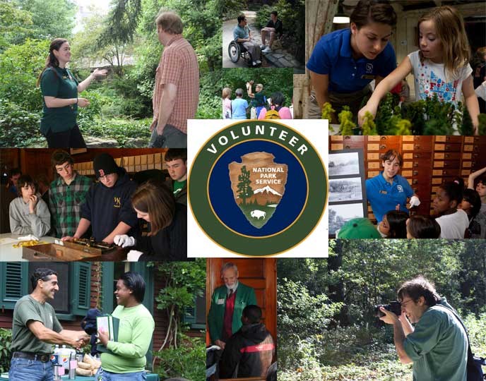 A collage of pictures showing volunteers in various capacities throughout Olmsted NHS.