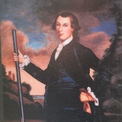 Painting of William Fitzhugh standing with rifle in front of cloudy sky background