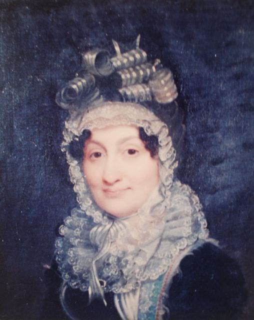 Painting of Hannah Coalter from shoulders up wearing a dark dress with ruffles and a ribboned bonnet