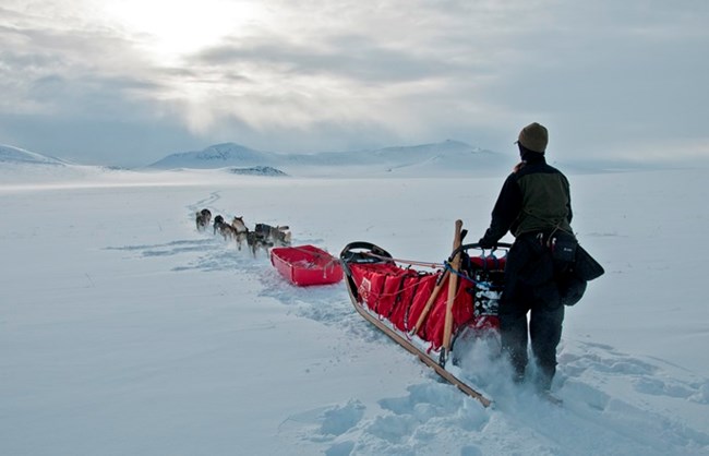 A musher & dog team head off into the vast snowy tundra towards distant mountains