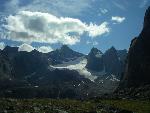 A river of ice among the dark gray granite peaks.