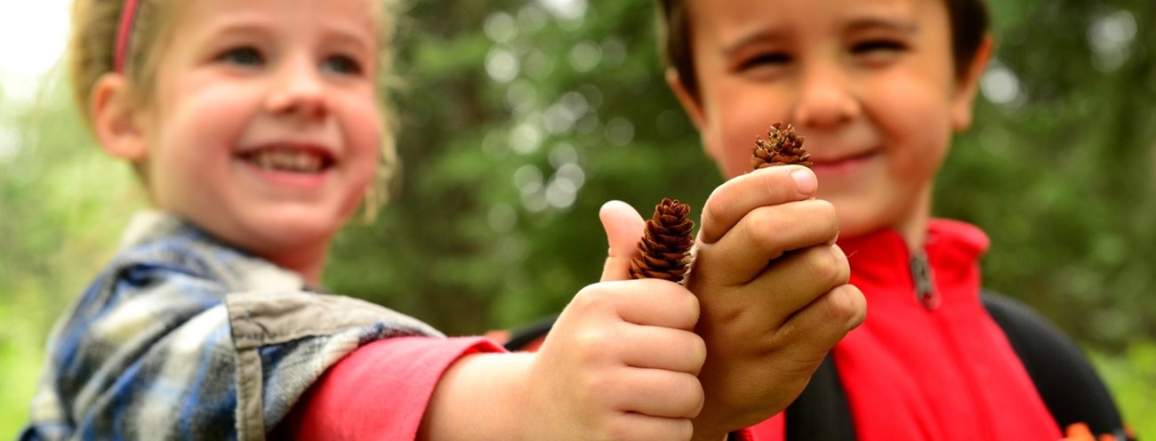Two children hold up pinecones