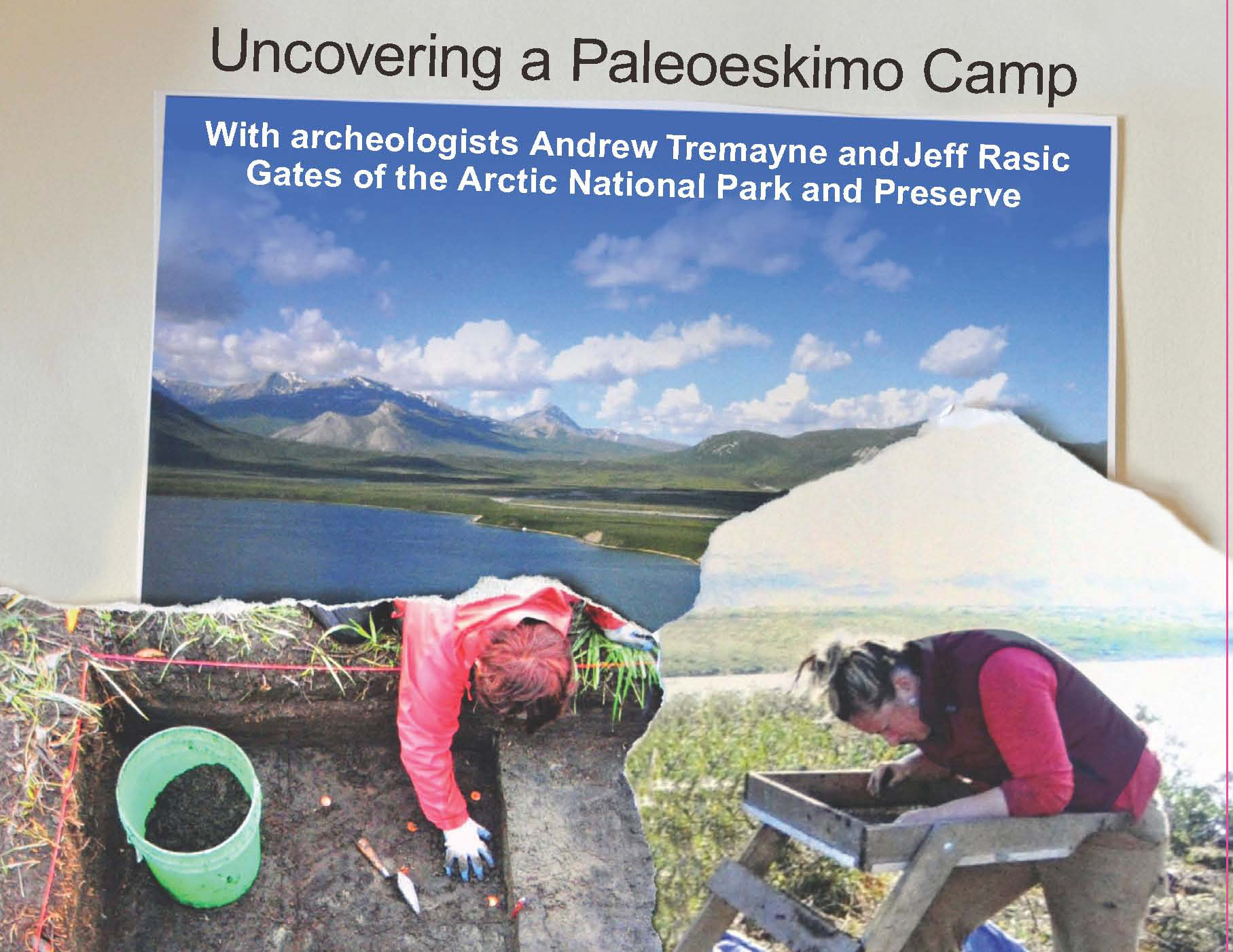 Photos from an archaeological dig including the pit, the archaeologists and the lake where the site is located.