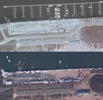 Google images of the marina at Great Kills Park before and after Hurricane Sandy.