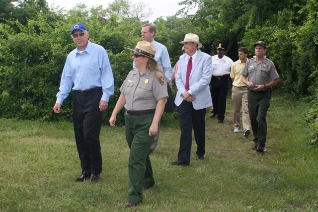 Interior Secretary Ken Salazar tours campgrounds at Floyd Bennett Field.