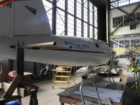 A full-scale replica of the Winnie Mae, built from scratch by volunteers at Floyd Bennett Field's Hangar B.
