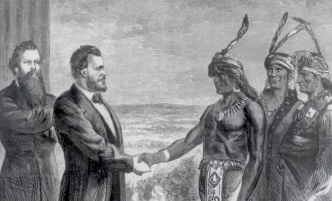 President Grant with aid shaking hands with Native Americans