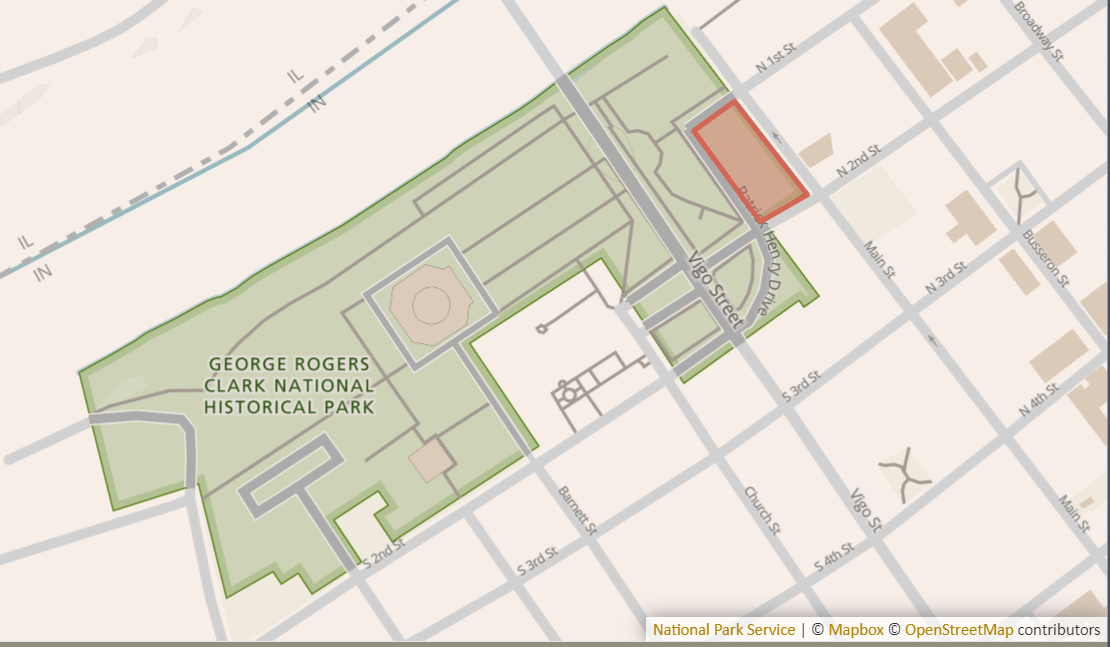 Map of George Rogers Clark National Historical Park with the first amendment area (Patrick Henry Square - bounded by Patrick Henry Drive to the South, Main Street to the North, 1st Street to the West and 2nd Street to the East) highlighted in orange