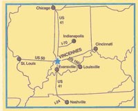 Map showing location of Vincennes in South West corner of Indiana