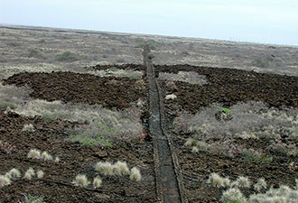Narrow trail in dry, volcanic soil heads into the distance