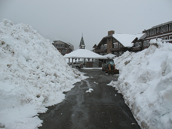 Picture of Many Glacier Hotel with a lot of snow