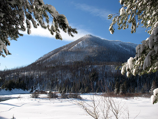 Picture of Apgar Mountain and the Oxbow on Lower McDonald Creek in winter