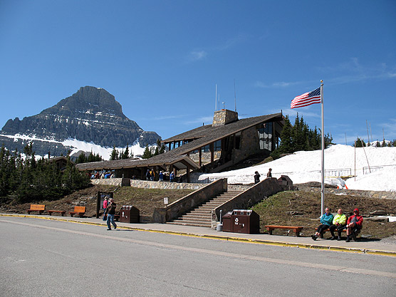 Picture of the Logan Pass Visitor Center and Reynolds Mtn in the background.