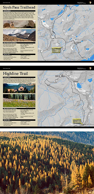 trailhead panels and fall larch trees