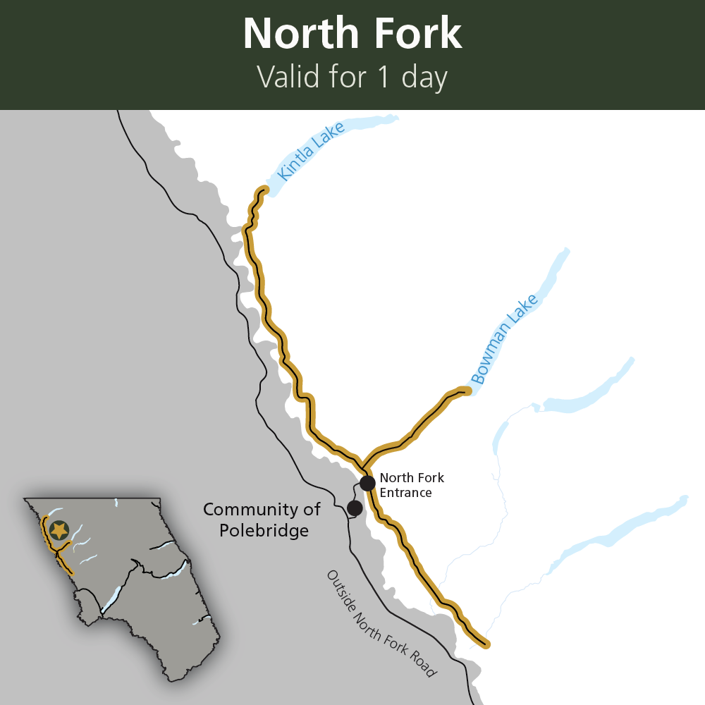 Map features the North Fork area of Glacier National Park. North Fork roads are highlighted in gold. Text: North Fork Valid for 1 day.