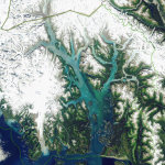Aerial photo shows Glacier Bay surrounded by ice-capped mountains.