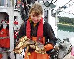Researcher with dungeness crabs