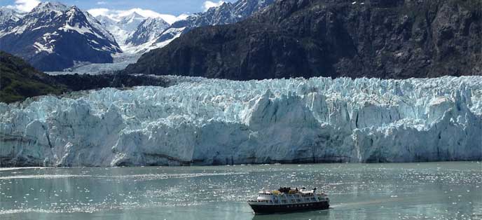 Tourboat visiting tidewater glacier in Glacier Bay