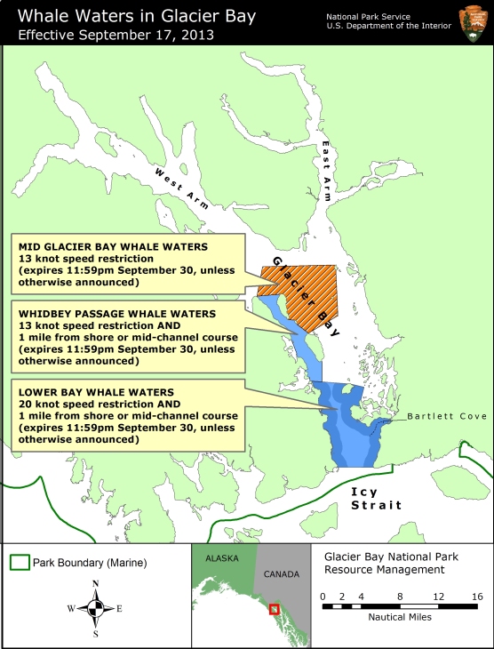 Map showing whale waters update for Glacier Bay effective September 17, 2013