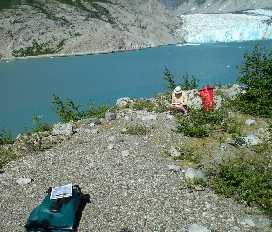 Assessing campsite in front of McBride Glacier