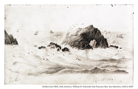 Seal Rocks in 1881 with seals in the surf 