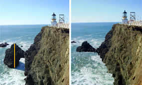 Side by side images of the arch at Point Bonita, each with two different sea levels.