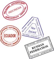 Depictions of several tectonic vacation passport stamps
