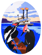 Tectonic travel decal of the New Madrid fault zone, showing a Mississippi steam boat with woodpeckers in foreground.