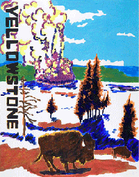 Illustration of Yellowstone National Park with Old Faithful geyser erupting and bison in the foreground.