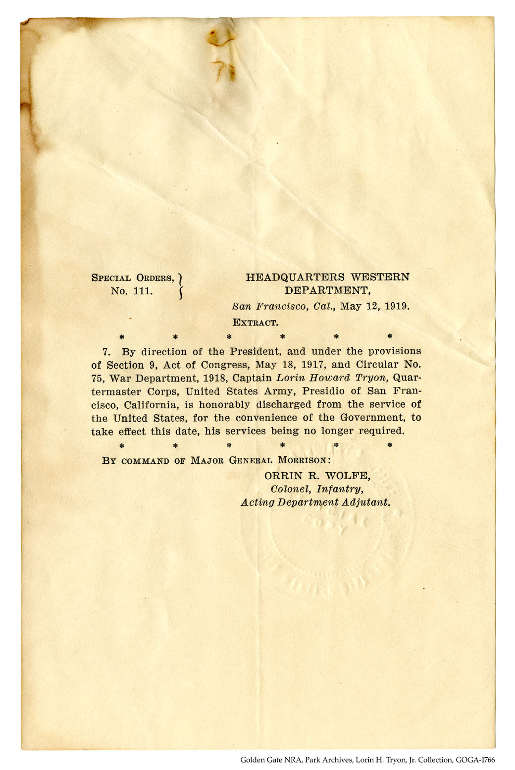 GOGA-1766 Lorin H Tryon, Jr Collection Discharge Orders