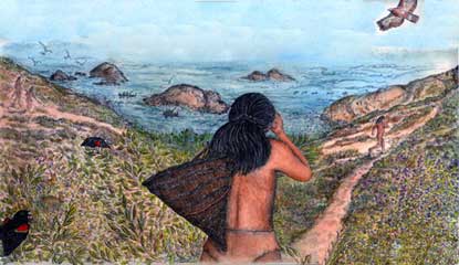 drawing of Ohlone coastal village