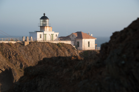 View of Point Bonita Lighthouse and surrounding cliffs.