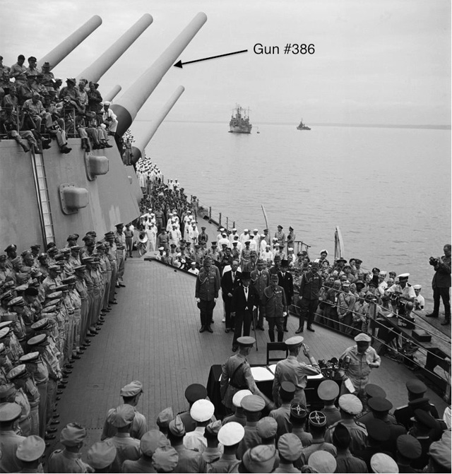 historic photo of the Japanese surrender ceremonies aboard USS Missouri in 1945