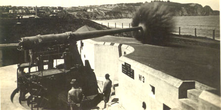 an image of Battery Chamberlin firing into ocean