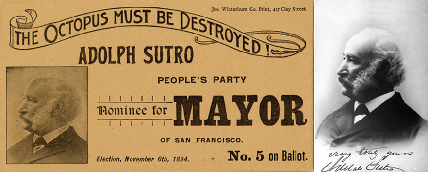 Left: Newspaper clipping advertising Sutro for Mayor. Right: Photo of Adolf Sutro in formal dress and bushy sideburns and moustache.