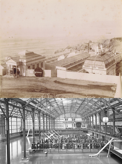 Top: View looking above the glass Sutor Baths pool area. Bottom: An interior view of baths.