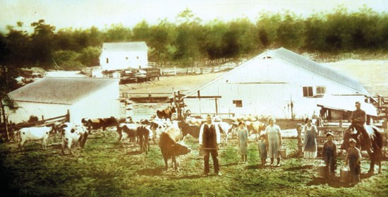 farming family standing with cows in front of barn and paddock