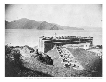 Fort Point shortly after its construction, looking north across Golden Gate Strait.