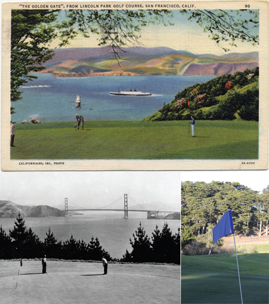 Top: Colored postcard of golf course with bay and headlands in background. Lower left: Historic photo of men playing on course. Bottom right: Blue gold flag on course.