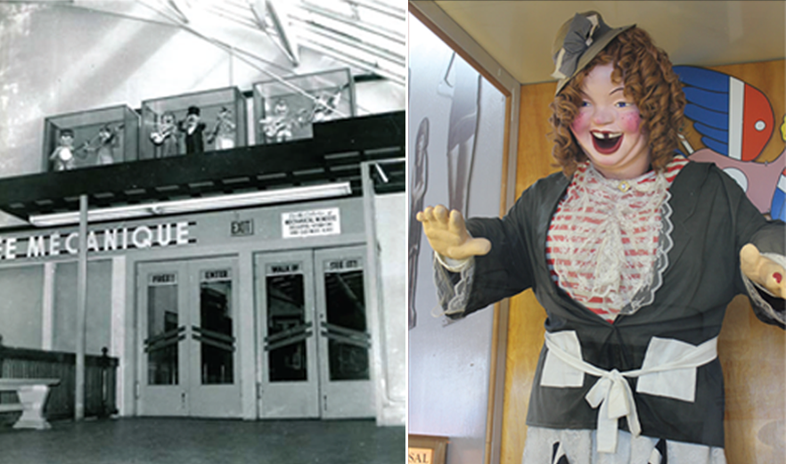 Left: Photos of the Muses Mecanique entrance. Right: A colorful stuffed doll.