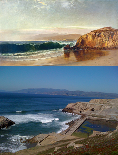 Top: Colored illustration of beach with land mass in background. Bottom: Aerial view of Sutro Baths ruins and ocean.