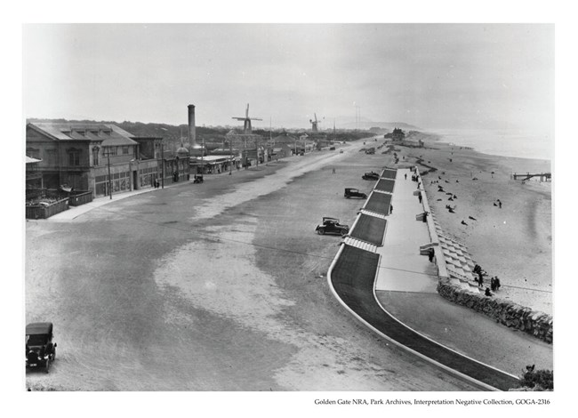 Today a destination spot for San Franciscans, Ocean Beach served the same purpose in 1919; note the windmills in Golden Gate Park seen in the distance.
