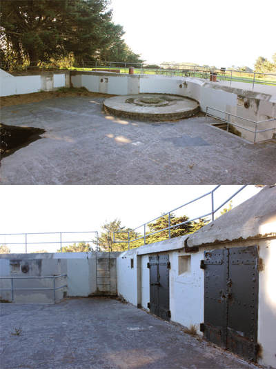 Top: Gun emplacement foundation of Battery Chester and picnic area, 2012; Bottom: Foundations and doors of Battery Chester, 2012.